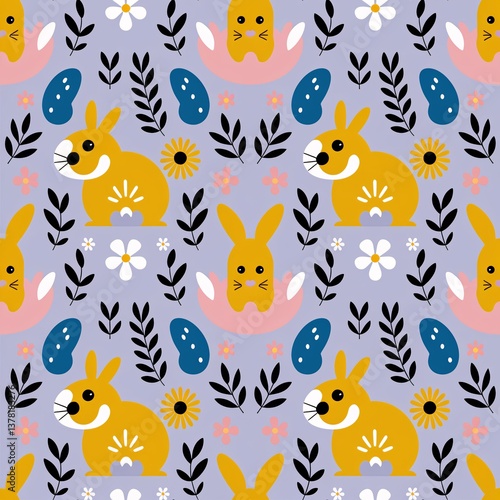 A playful and cheerful seamless pattern featuring stylized rabbits, flowers, and leaves