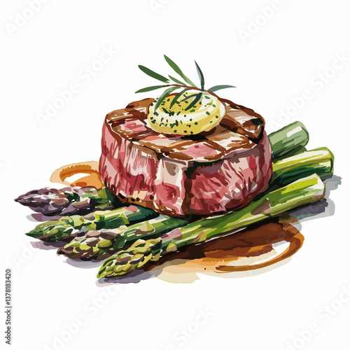Watercolor Filet Mignon with Garlic Butter and Asparagus