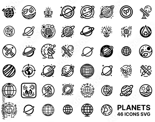 Wallpaper Mural Planet and space exploration icons in clean black line style	 Torontodigital.ca