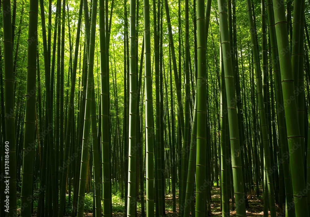 Lush Green Bamboo Forest, Nature's Serenity, Tall Bamboo Trees, Sunlight, Zen-like Atmosphere, Natural Environment Lush Green Bamboo Forest, Nature's Serenity, Tall Bamboo Trees, Sunlight, Zen-like Atmosphere, Natural Environment