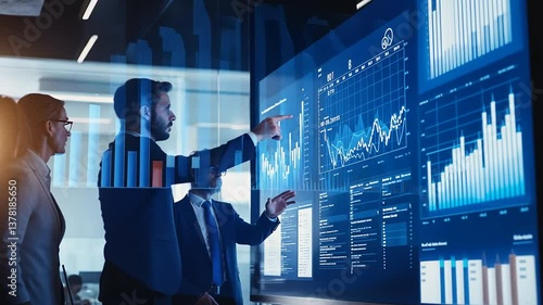 Business team analyzing financial data and insights on interactive screen display