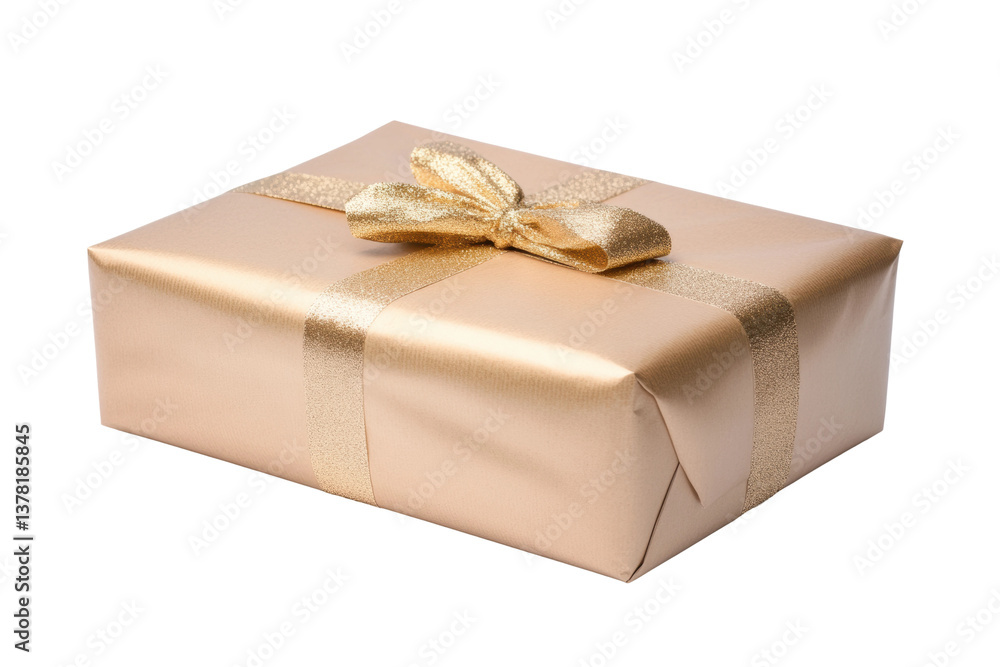 Elegant gold gift box with glittering ribbon on white background, cut out Elegant gold gift box with glittering ribbon on white background, cut out