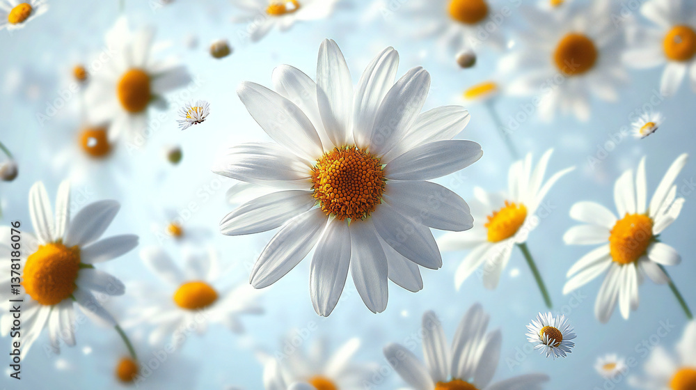 Fototapeta premium Delicate Blooming Chamomile Falling from Sky with Soft Focus, Gentle Colors, and Gentle Drapery, Isolated on Pure White Background