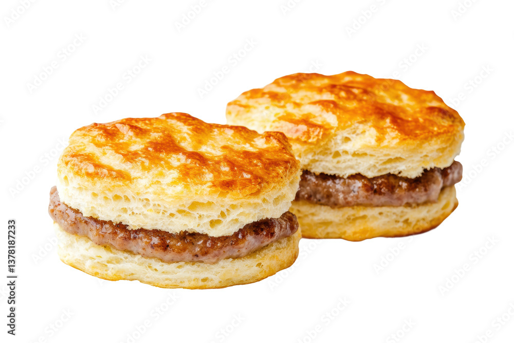 Delicious sausage biscuits with flaky layers and golden crust, cut out Delicious sausage biscuits with flaky layers and golden crust, cut out