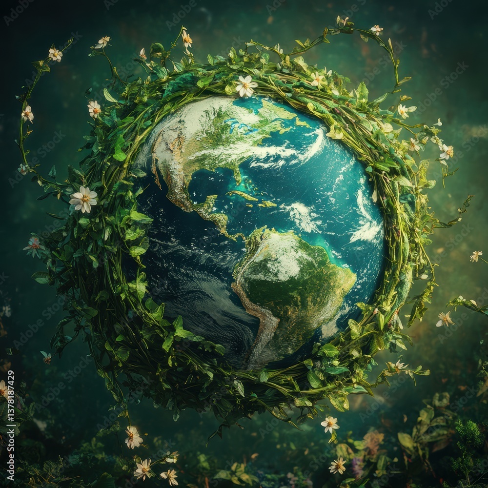 Fototapeta premium A lush, green globe wrapped in vines and flowers symbolizes sustainability and environmental awareness, Ideal for campaigns, educational materials