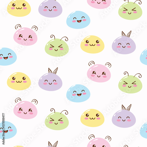 Mochi cute characters different facial expressions seamless pattern. Light Asian food bright kids pattern background.