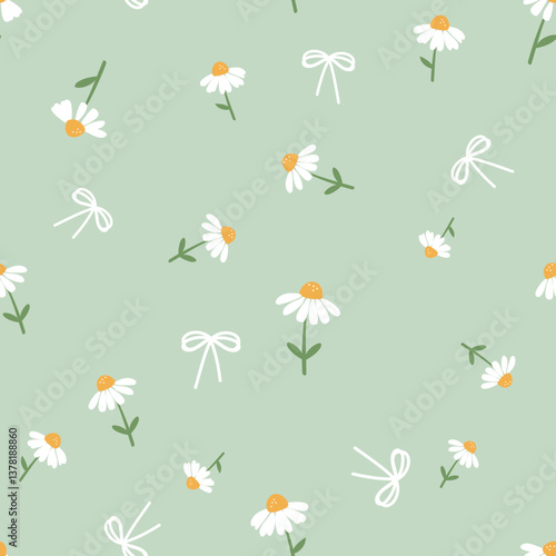 Seamless pattern with daisy flower and ribbon bows on green background vector.