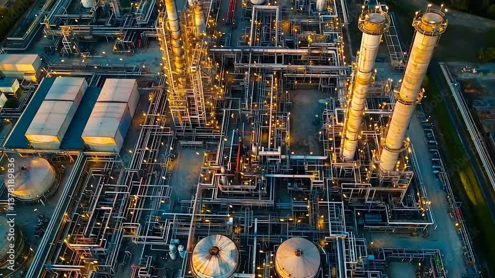 Aerial view of illuminated industrial refinery at night Aerial view of illuminated industrial refinery at night
