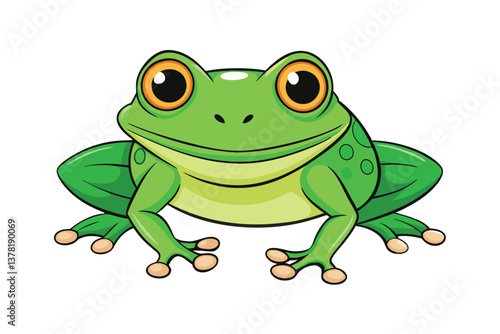 Cartoon Green Frog Standing with Orange Eyes on White Background | Amphibian
