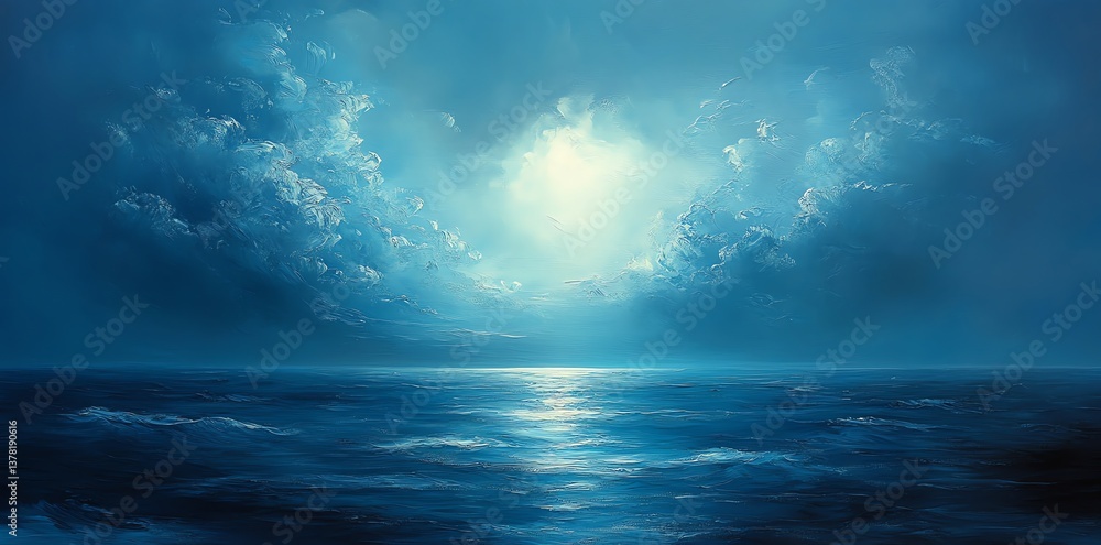 Fototapeta premium Calm Ocean Water Reflecting Light Through Clouds at Night