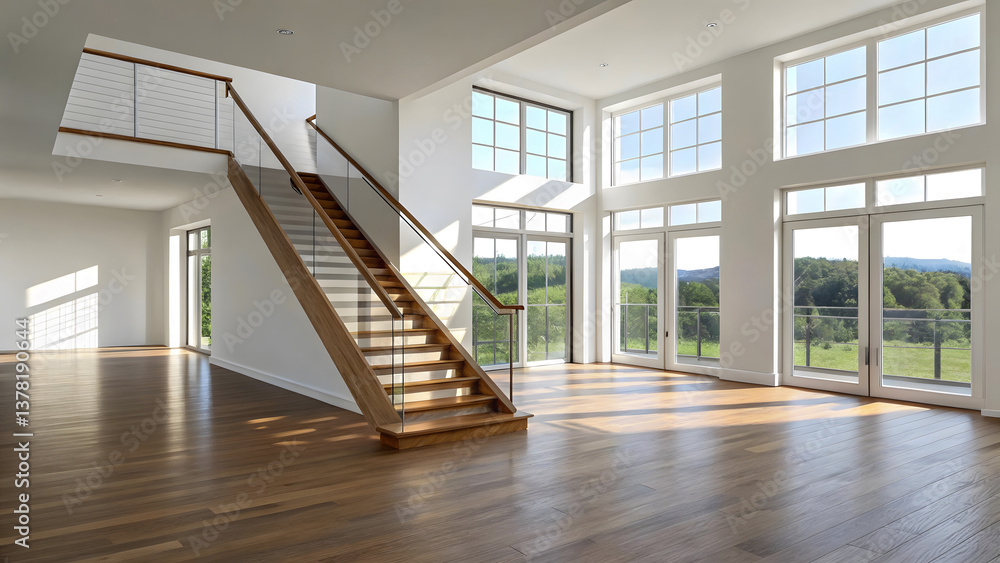 Obraz premium Modern Empty Interior with Staircase and Large Windows