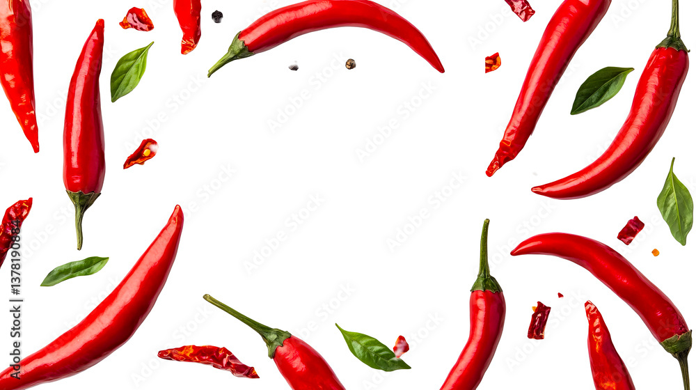 Red chili pepper layout with basil on black, cut out transparent Red chili pepper layout with basil on black, cut out transparent