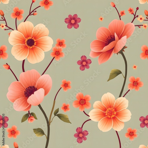 Elegant Peach and Coral Blossom Floral Seamless Pattern Design                                                          