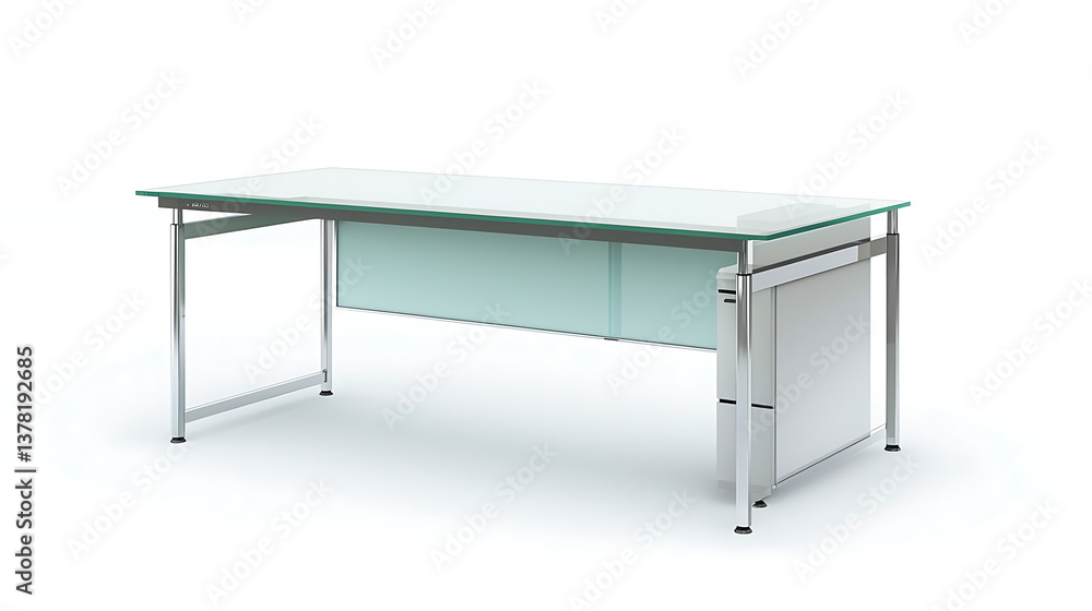 A glass desk with a white top and a black drawer A glass desk with a white top and a black drawer