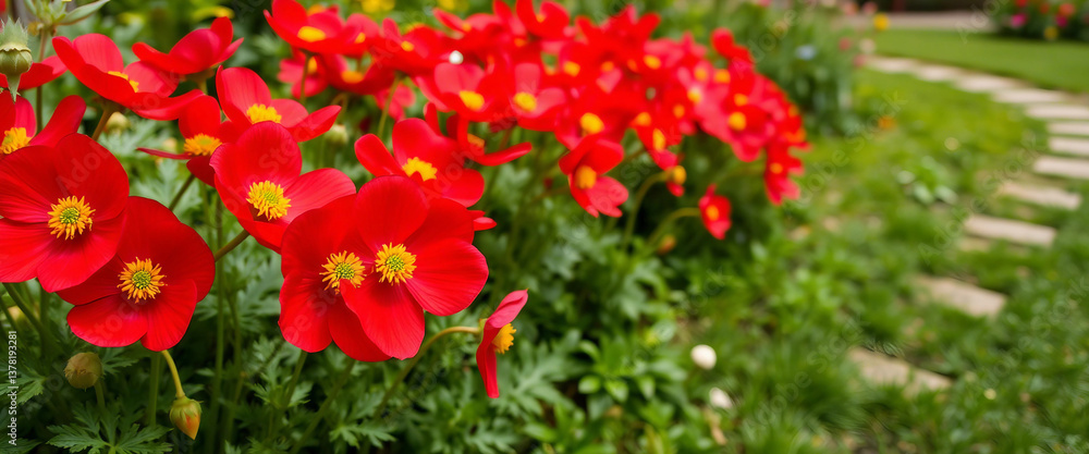 Bright pink flowers with vivid yellow centers line a winding path through green gardens, creating a vibrant and colorful scene that embodies natural beauty and tranquility in an outdoor setting.
Bright pink flowers with vivid yellow centers line a winding path through green gardens, creating a vibrant and colorful scene that embodies natural beauty and tranquility in an outdoor setting.