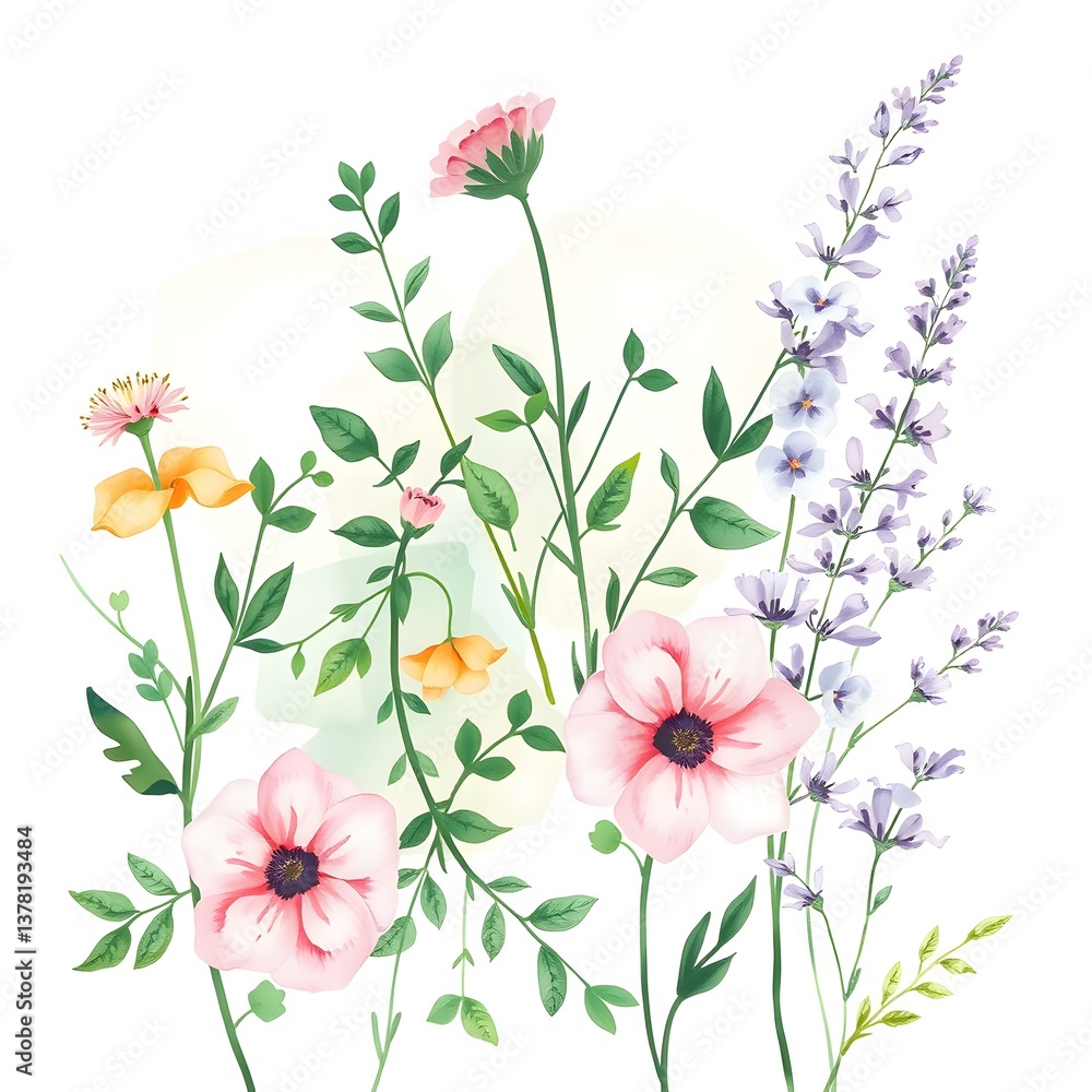 Naklejka premium Delicate Watercolor Floral Bouquet: Pink Lavender and Yellow Blossoms in a Romantic Garden Setting