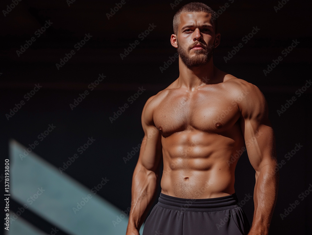 Fototapeta premium Strong male torso with chiseled core highlighted by angled light. Powerful silhouette, shadow, and ripped body reflect perfect form. Core definition and body strength dominate frame