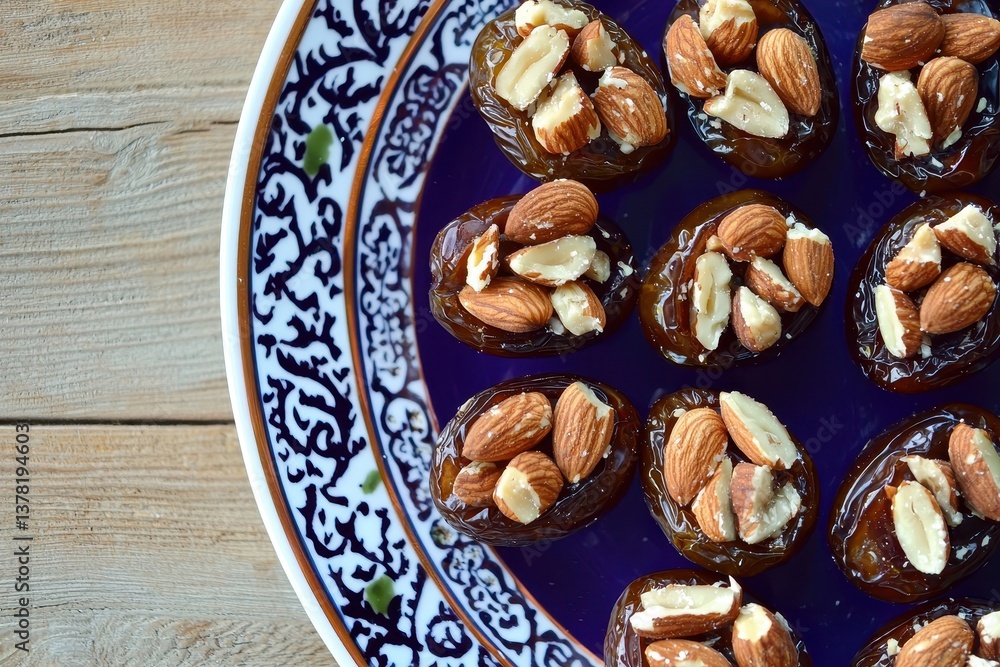 Nut-Stuffed Dates Dates filled with walnuts and almonds, arranged on a decorative plate. Nut-Stuffed Dates Dates filled with walnuts and almonds, arranged on a decorative plate.