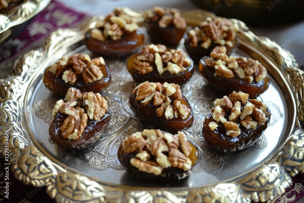 Nut-Stuffed Dates Dates filled with walnuts and almonds, arranged on a decorative plate. Nut-Stuffed Dates Dates filled with walnuts and almonds, arranged on a decorative plate.