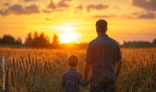 Farmer and his son in front of a sunset agricultural landscape. Man and a boy in a countryside field. Fatherhood, country life, farming and country, Generative AI