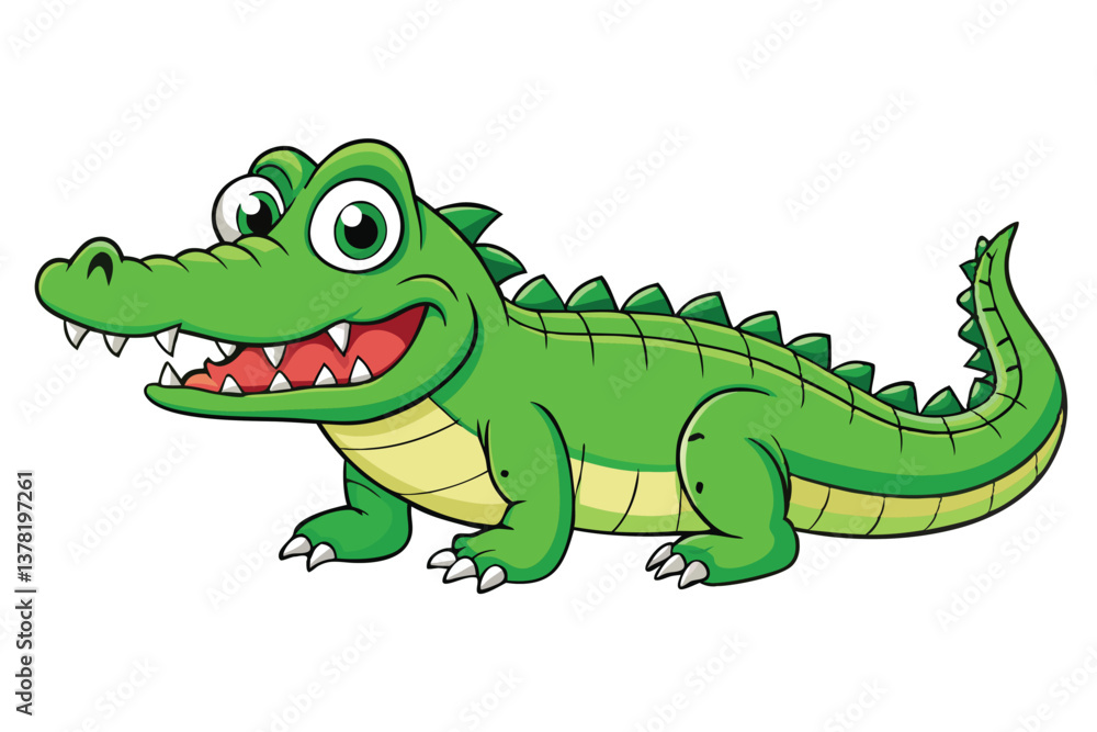 Naklejka premium Cartoonish Green Crocodile Smiling with Sharp Teeth on White Background