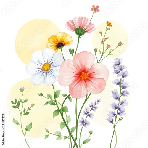 Pastel Floral Bouquet Illustration with Soft Yellow Circles Background