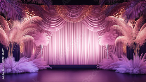 Glamorous pink and purple stage with tropical feather palms and draped curtains for fashion shows, drag performances, and luxury event backdrops