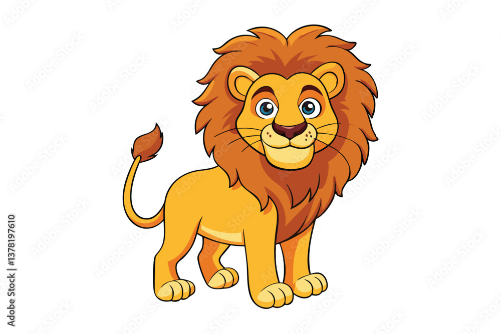 Obraz premium Cartoonish Lion Standing Tall with a Bushy Mane Isolated on a White Background