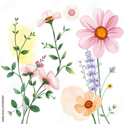 Delicate Watercolor Floral Bouquet Illustration with Pastel Pink Peach and Yellow Flowers and Green Leaves on Whit...