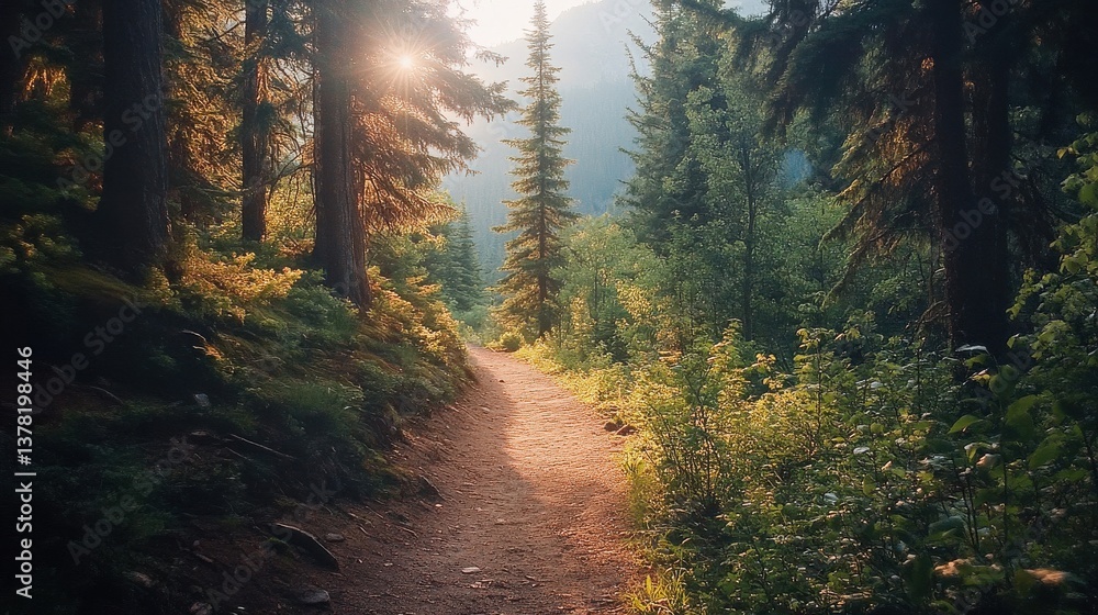 Fototapeta premium Sunlit Forest Pathway with Tall Pine Trees and Dappled Sunlight
