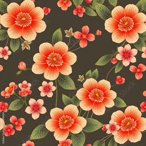 Elegant Coral and Peach Floral Seamless Pattern Design on Dark Brown Background