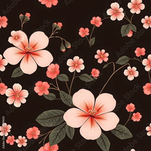 Elegant Coral and Peach Blossom Floral Pattern on Dark Background                                                       