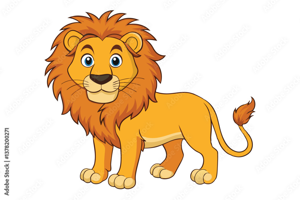 Obraz premium Cheerful Cartoon Lion Standing with Brown Mane on a White Background