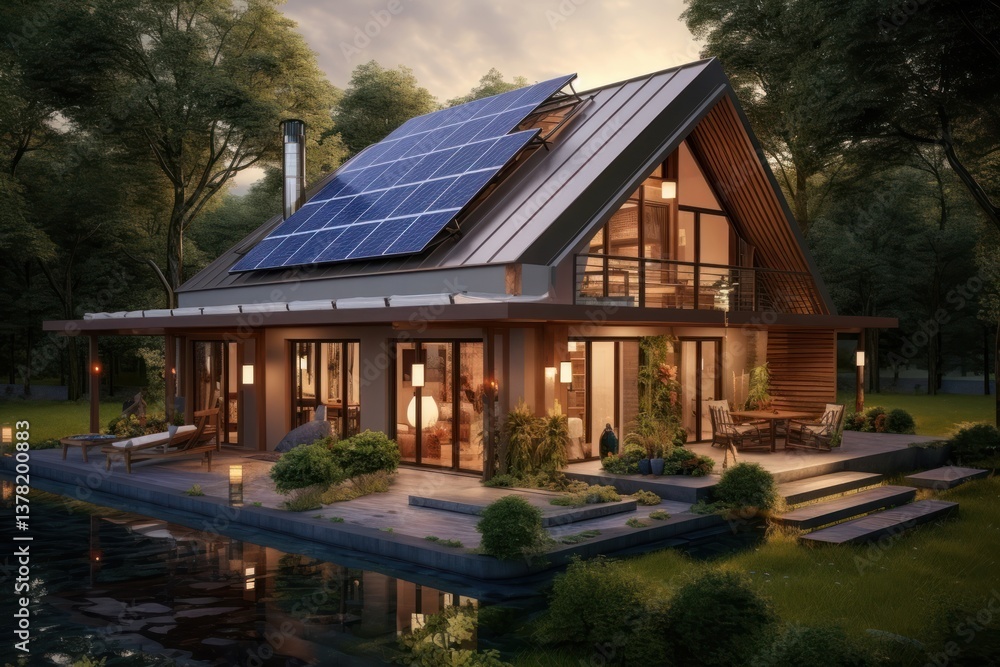Cozy house with solar panels on the roof architecture building outdoors. Cozy house with solar panels on the roof architecture building outdoors.