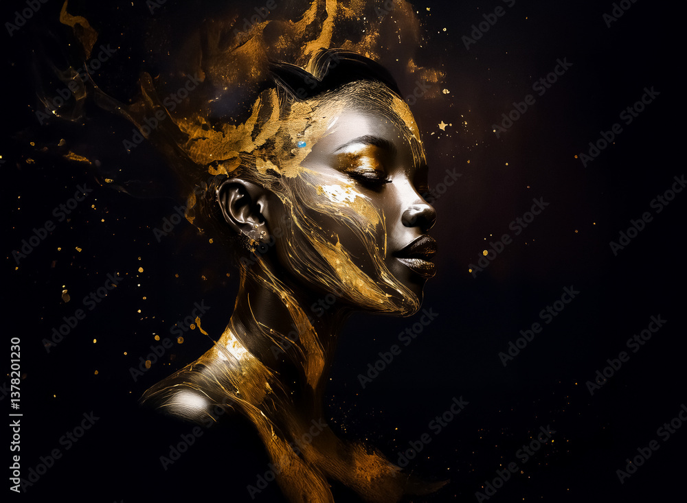 Abstract portrait of a woman with dark skin adorned in gold, creating an artistic and elegant profile against a shadowy backdrop. Abstract portrait of a woman with dark skin adorned in gold, creating an artistic and elegant profile against a shadowy backdrop.