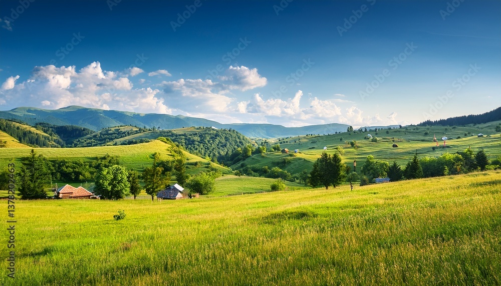 Obraz premium beautiful countryside of romania picturesque outskirts sunny day wonderful summer landscape in mountains green field and rolling hills rural scenery cluj region