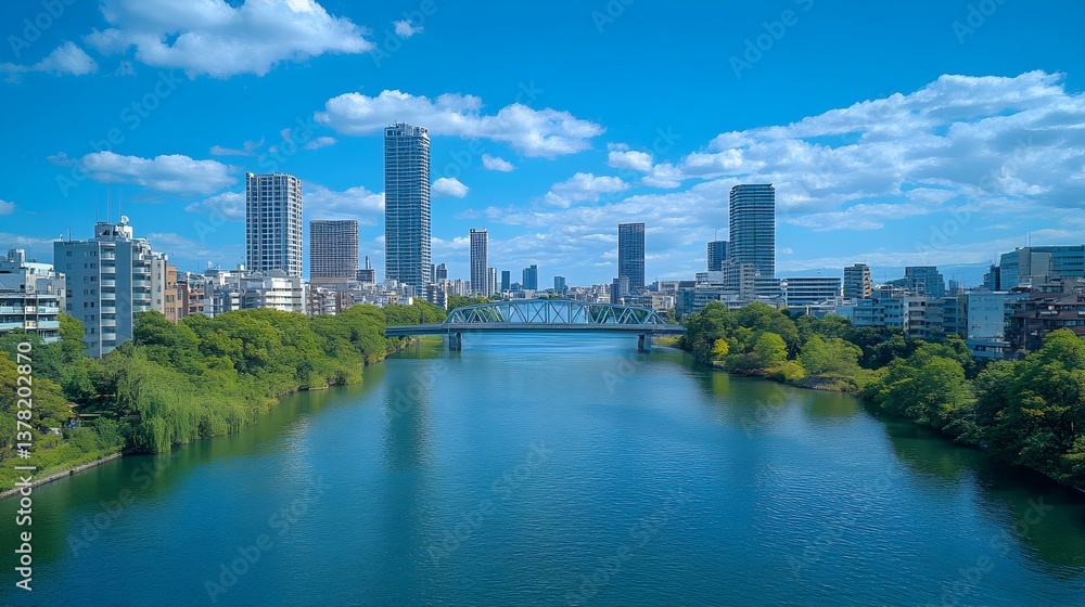 Obraz premium A tranquil river flows through a vibrant cityscape under a bright summer sky showcasing modern architecture and lush green trees.