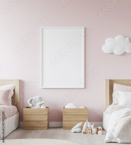 Wallpaper Mural Pink girls' bedroom with two beds, white frame mockup, wooden crates, and cloud decor. Torontodigital.ca