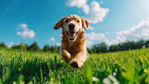 Happy golden retriever dog running in green meadow under blue sky. joyful expression and playful nature of dog create lively and cheerful atmosphere