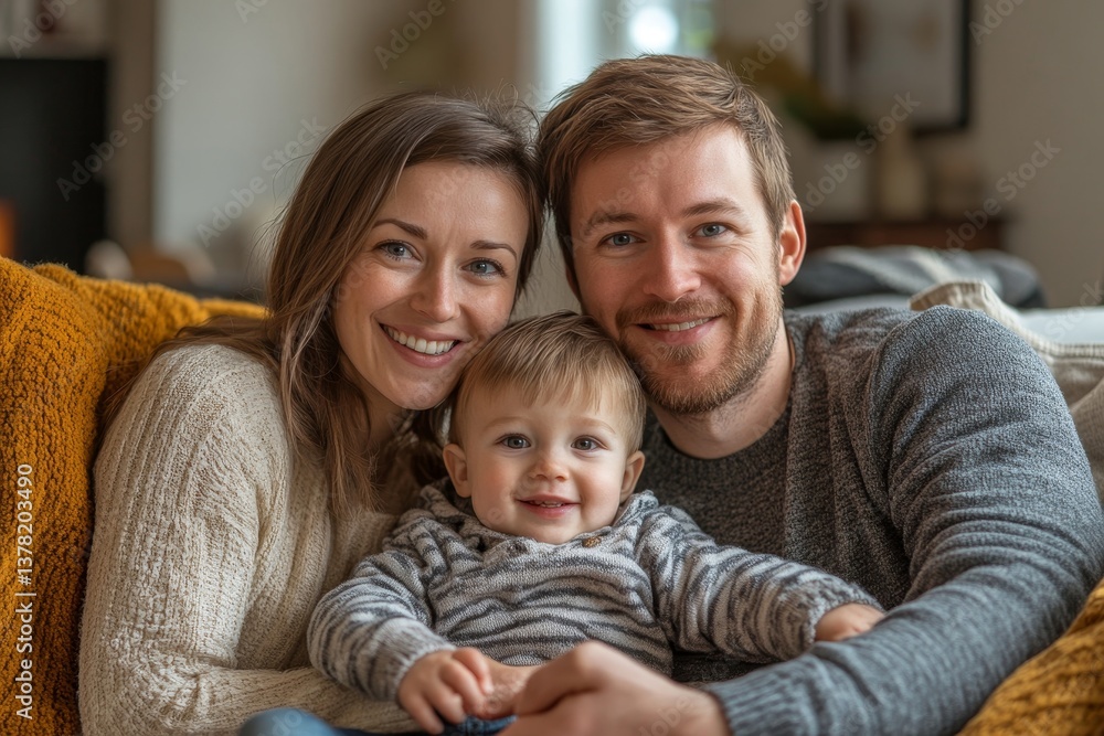 Portrait of happy young Caucasian family with little preschooler son sit relax on sofa in living room. Smiling parents mom and dad rest on couch at home, enjoy weekend together with small boy, Portrait of happy young Caucasian family with little preschooler son sit relax on sofa in living room. Smiling parents mom and dad rest on couch at home, enjoy weekend together with small boy,