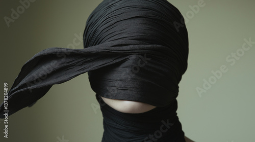 Abstract figure wrapped in flowing black fabric with hidden face — perfect for conceptual art projects, editorial pieces on identity and anonymity