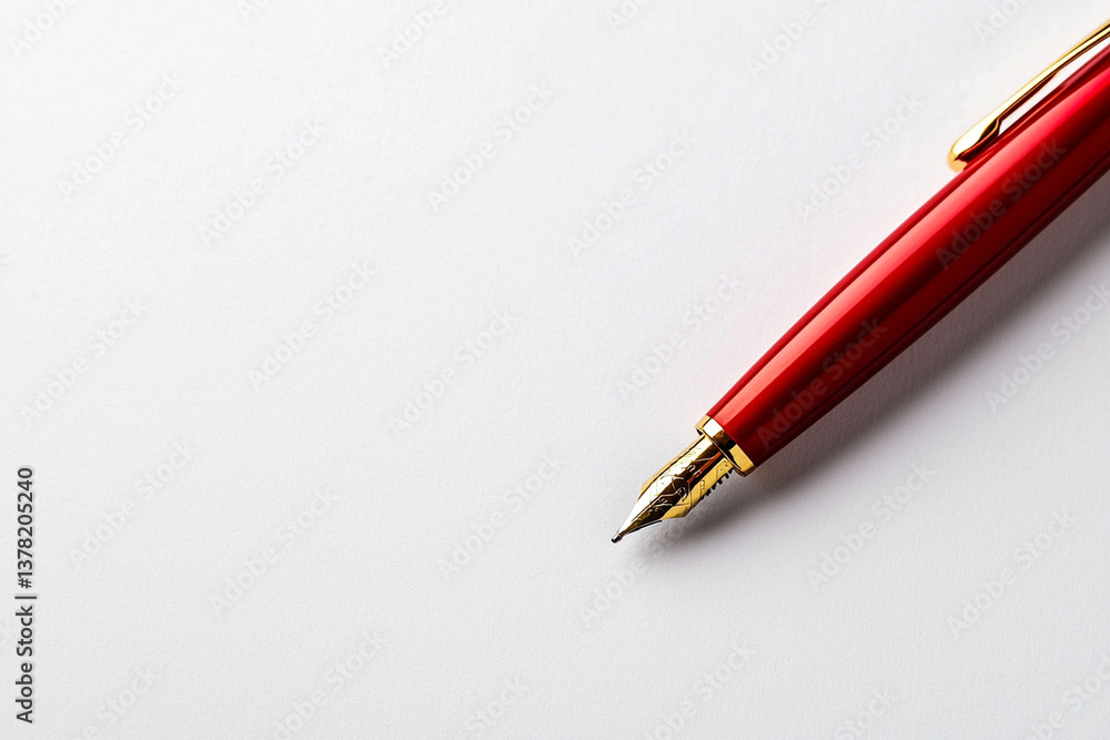 close up of red pen resting on blank white surface, showcasing its elegant design and fine tip, perfect for writing or drawing close up of red pen resting on blank white surface, showcasing its elegant design and fine tip, perfect for writing or drawing
