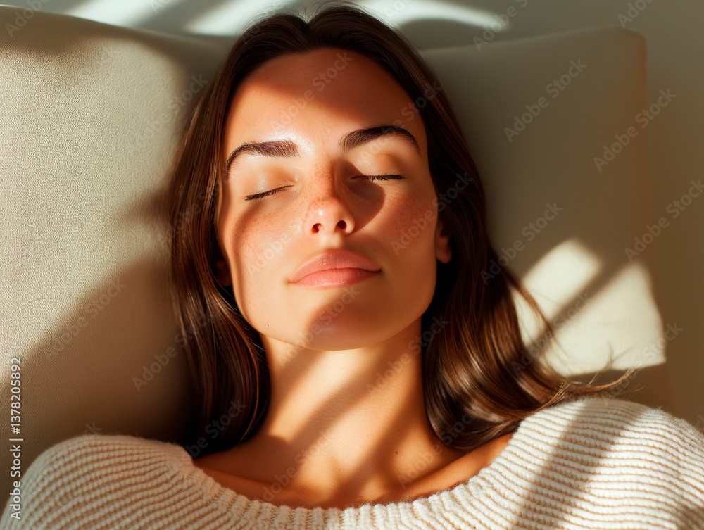 Woman in yellow sweater leans back, face glowing in sunlight. Sweater and sunlight create peaceful vibe. Sunlight warms skin, face, and emotion with soft beauty. Woman in yellow sweater leans back, face glowing in sunlight. Sweater and sunlight create peaceful vibe. Sunlight warms skin, face, and emotion with soft beauty.