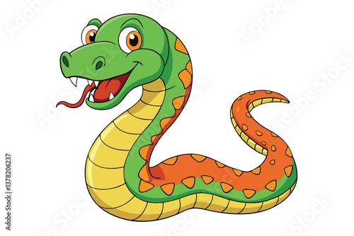 Happy Cartoon Snake with Red Tongue, Green Head, Orange Markings on White Background
