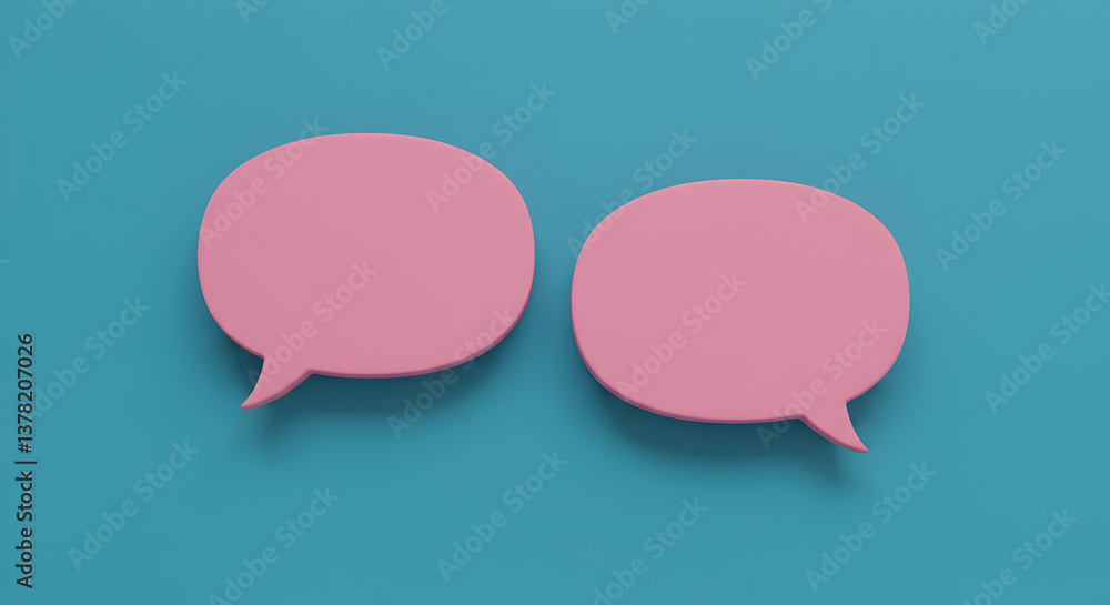 Two pink speech bubbles side by side on a turquoise background conversation and communication concept Two pink speech bubbles side by side on a turquoise background conversation and communication concept