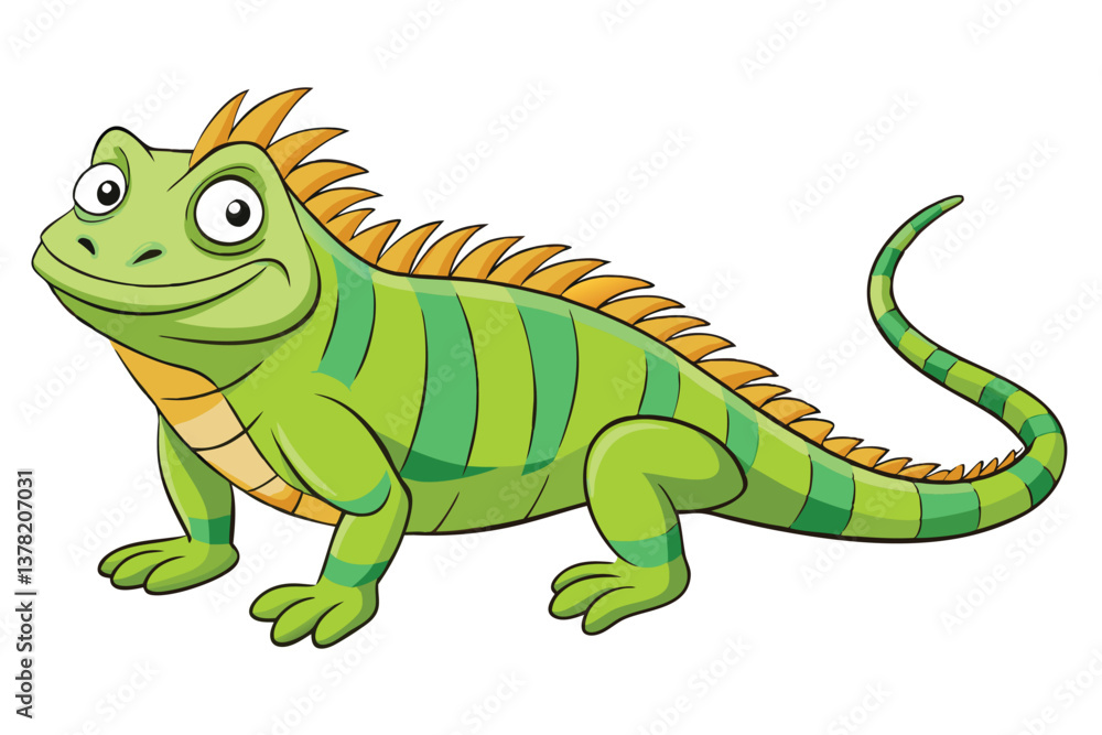 Obraz premium Smiling Green Cartoon Iguana Reptile with Orange Spikes on a White Background