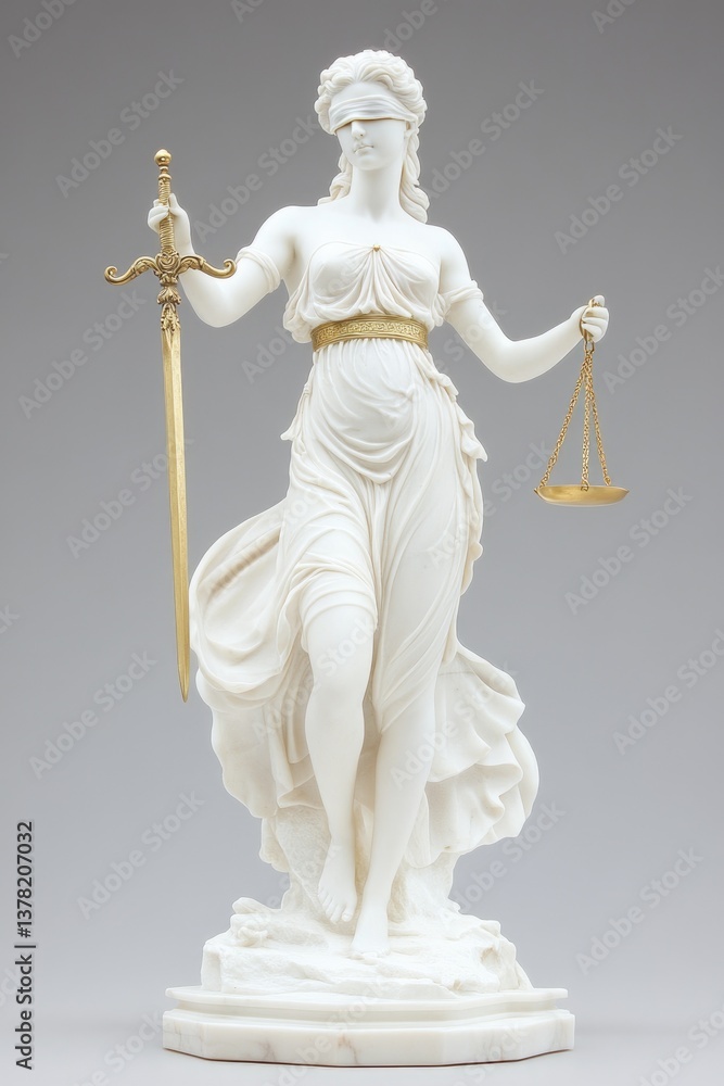 Obraz premium A majestic statue of Lady Justice (Themis) blindfolded, holding a set of golden scales in one hand and a sword in the other
