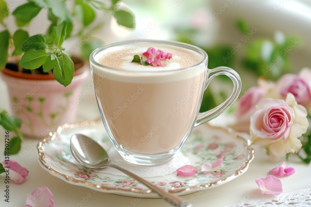 Fototapeta premium A cute pastel latte with rose petals in a glass mug, sitting on a delicate plate, surrounded by flowers.