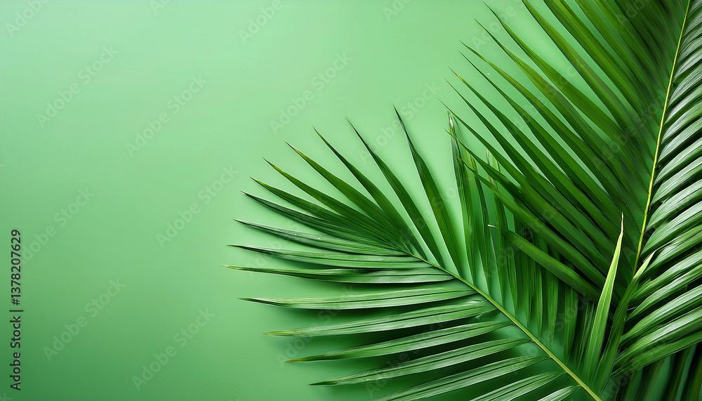 Fototapeta premium Beautiful background with exotic palmtree leaves on a light green nature wallpaper