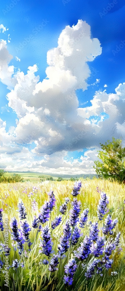 Naklejka premium Breathtaking blooming lavender field under blue sky with fluffy clouds nature scene vibrant landscape serene environment